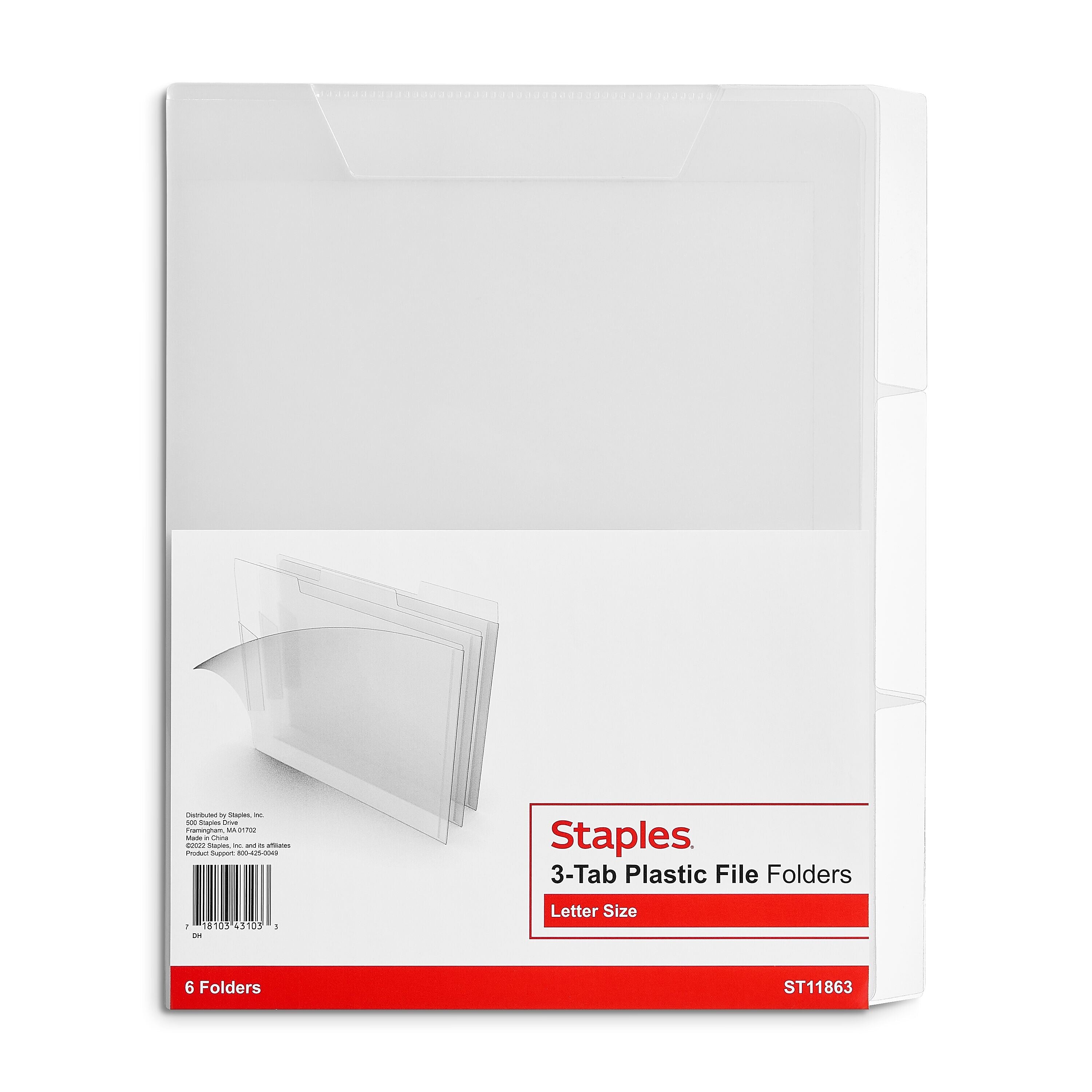Staples File Folder, 3 Tab, Letter Size, Translucent Clear, 6/Pack (TR11863)