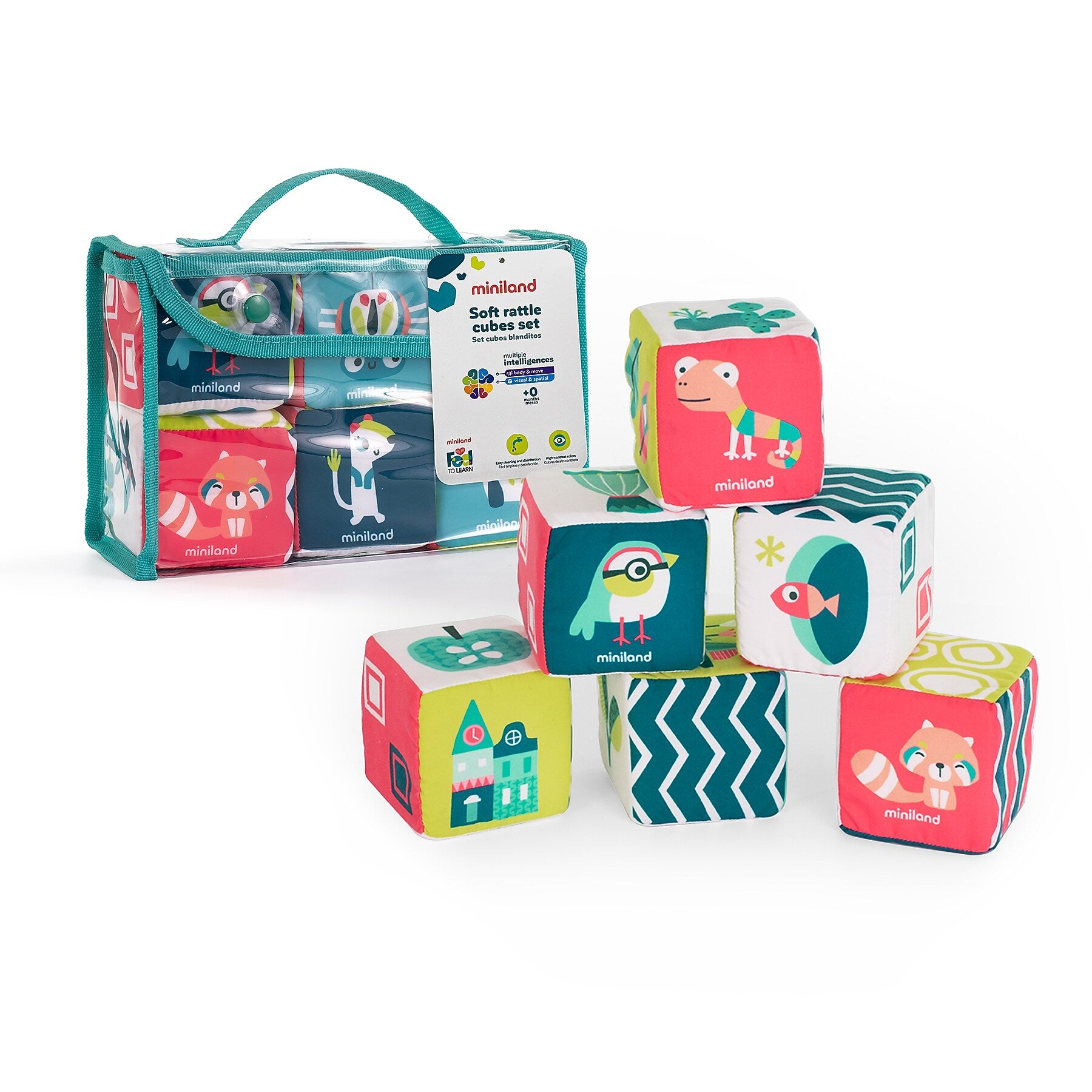 MINILAND Feel to Learn: Soft Rattle Cubes Set, Multicolored, 6 Pieces/Set (MLE97320)