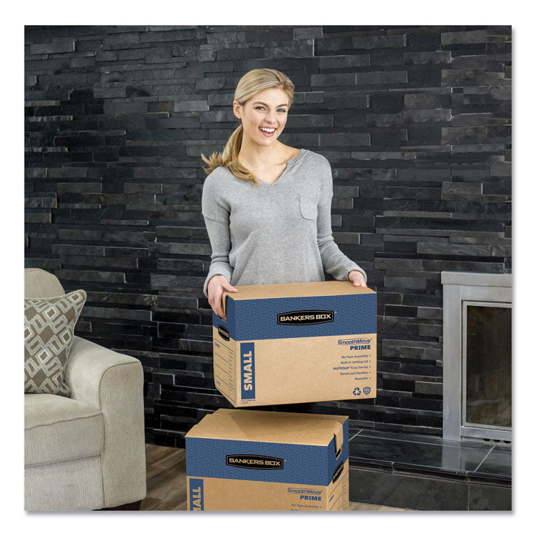 SmoothMove Prime Moving/Storage Boxes, Hinged Lid, Regular Slotted Container, Small, 12" x 16" x 12", Brown/Blue, 15/Carton