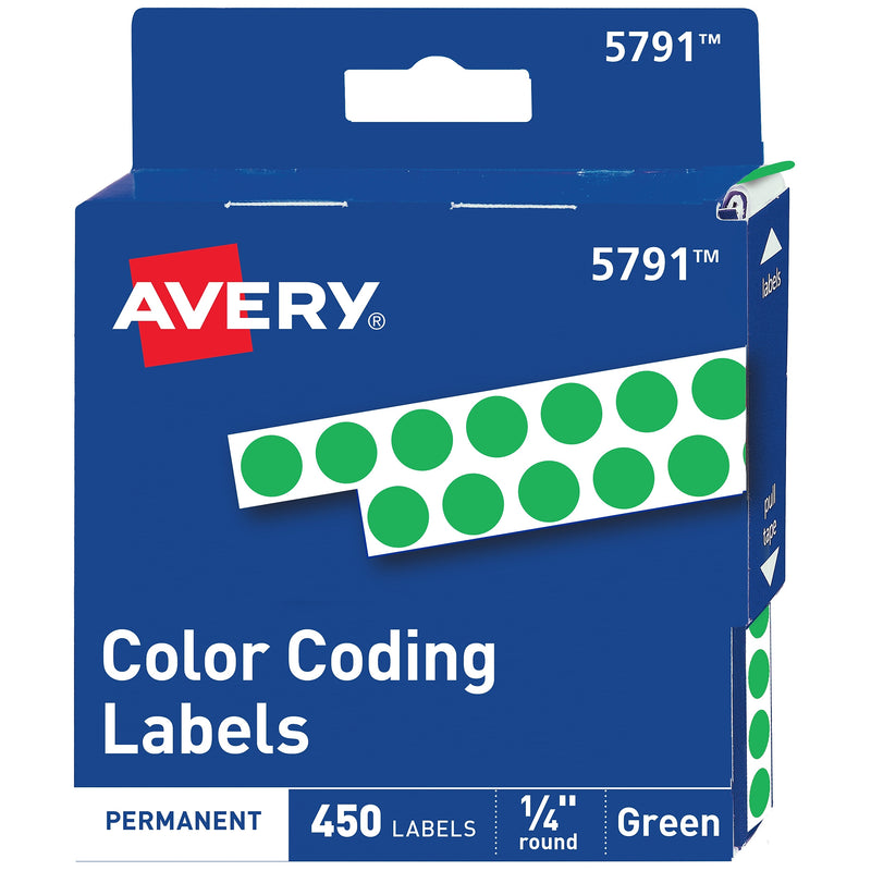 Avery Color-Coding Labels in Dispenser, 1/4" Dia, Green, 450 Stickers/Pack (5791)
