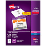 Avery Clip Style Laser/Inkjet Name Badge Kit, 3" x 4", Clear Holders with White Inserts, 100/Box (74541)