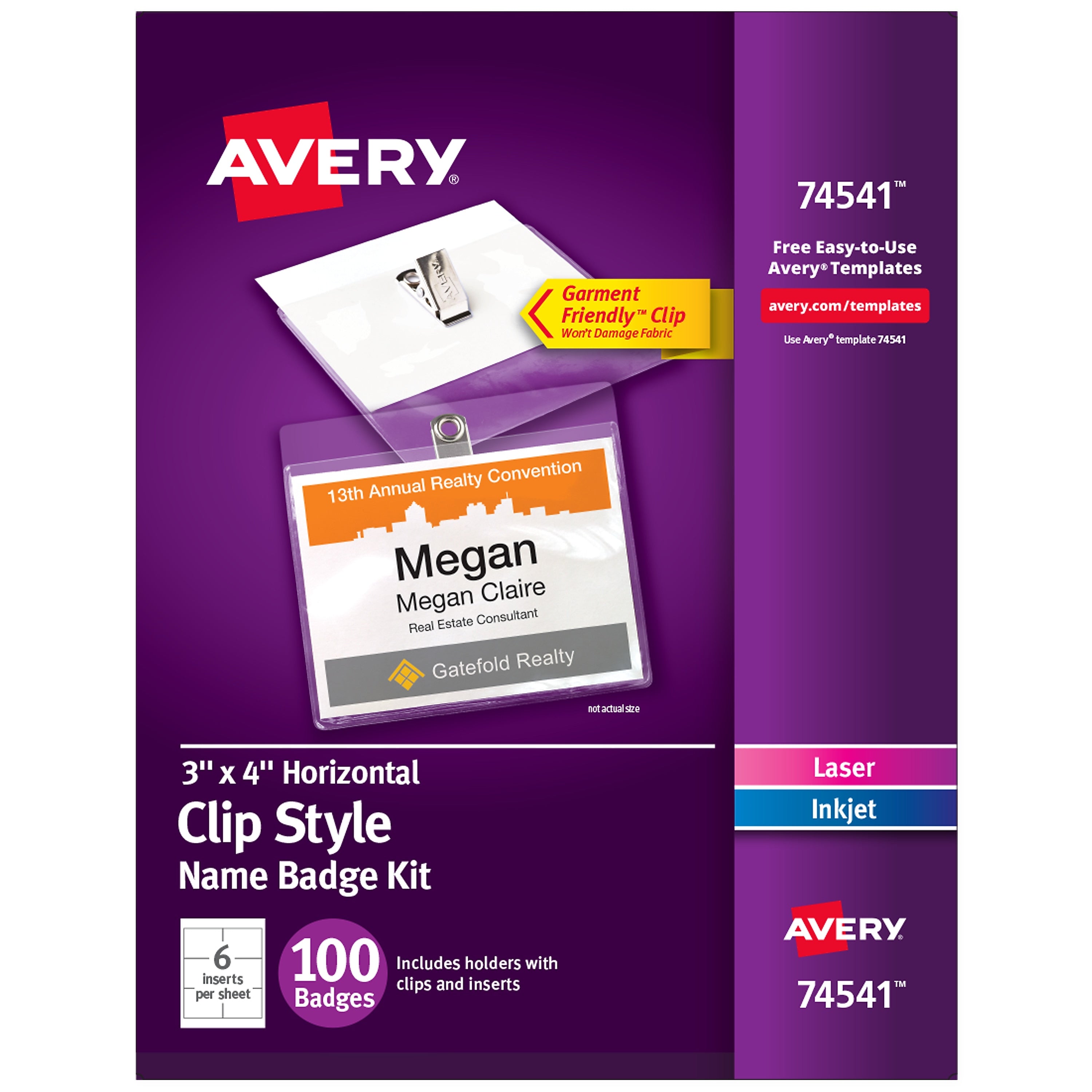 Avery Clip Style Laser/Inkjet Name Badge Kit, 3" x 4", Clear Holders with White Inserts, 100/Box (74541)