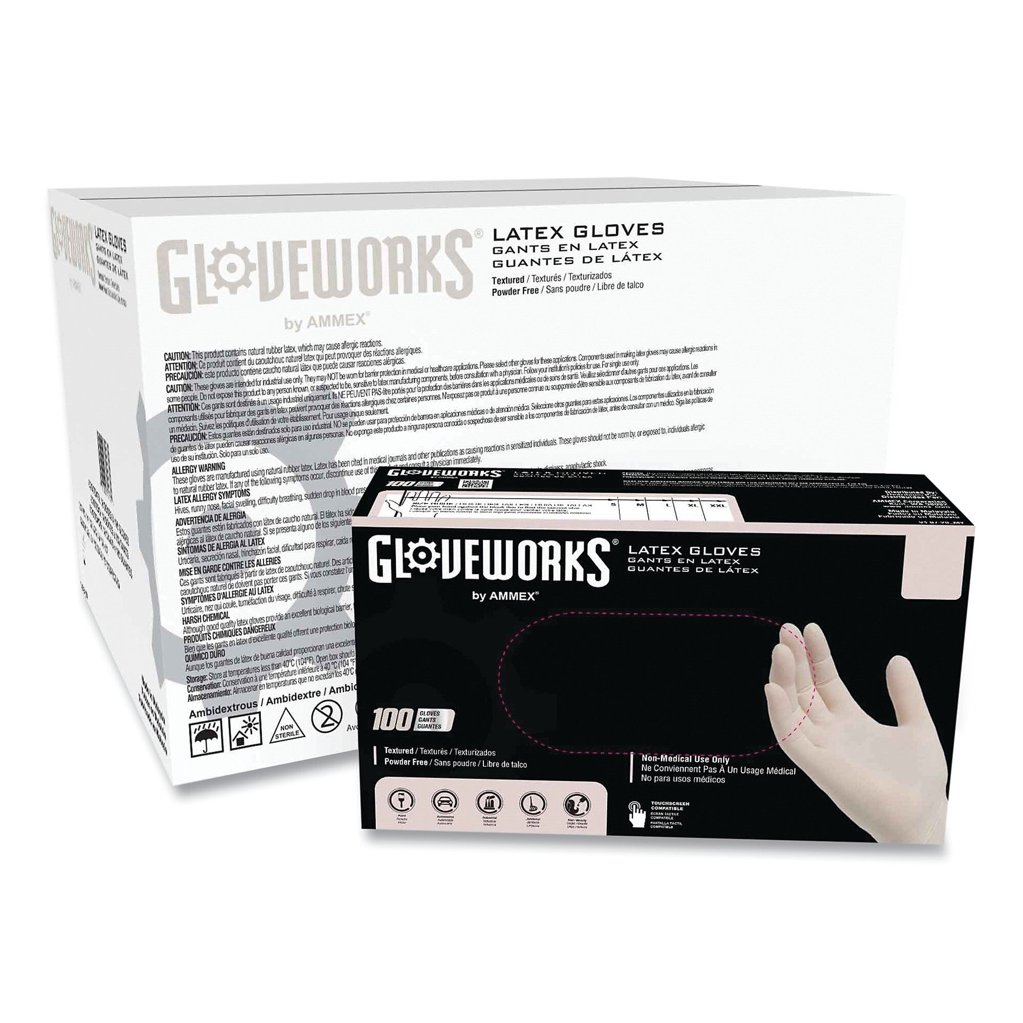 GloveWorks by AMMEX Latex Disposable Gloves, Powder-Free, 4 mil, Small, Ivory, 100 Gloves/Box, 10 Boxes/Carton