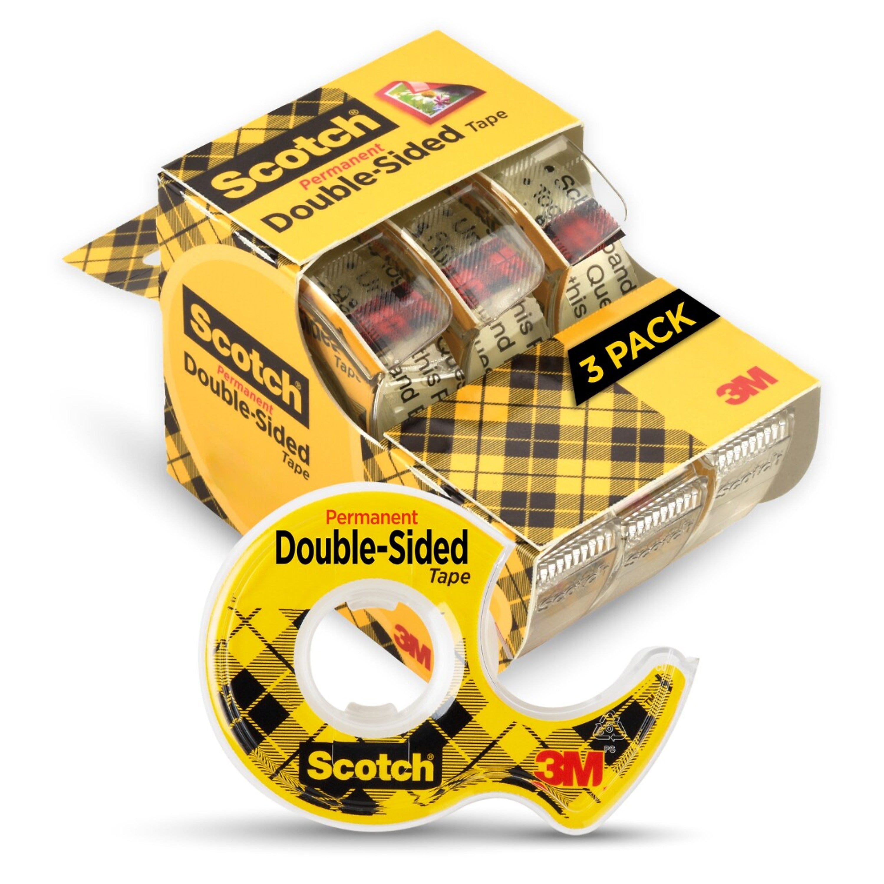 Scotch Permanent Double Sided Tape with Refillable Dispenser, 0.5" x 7 yds., 1" Core, Clear, 3/Pack (3136)