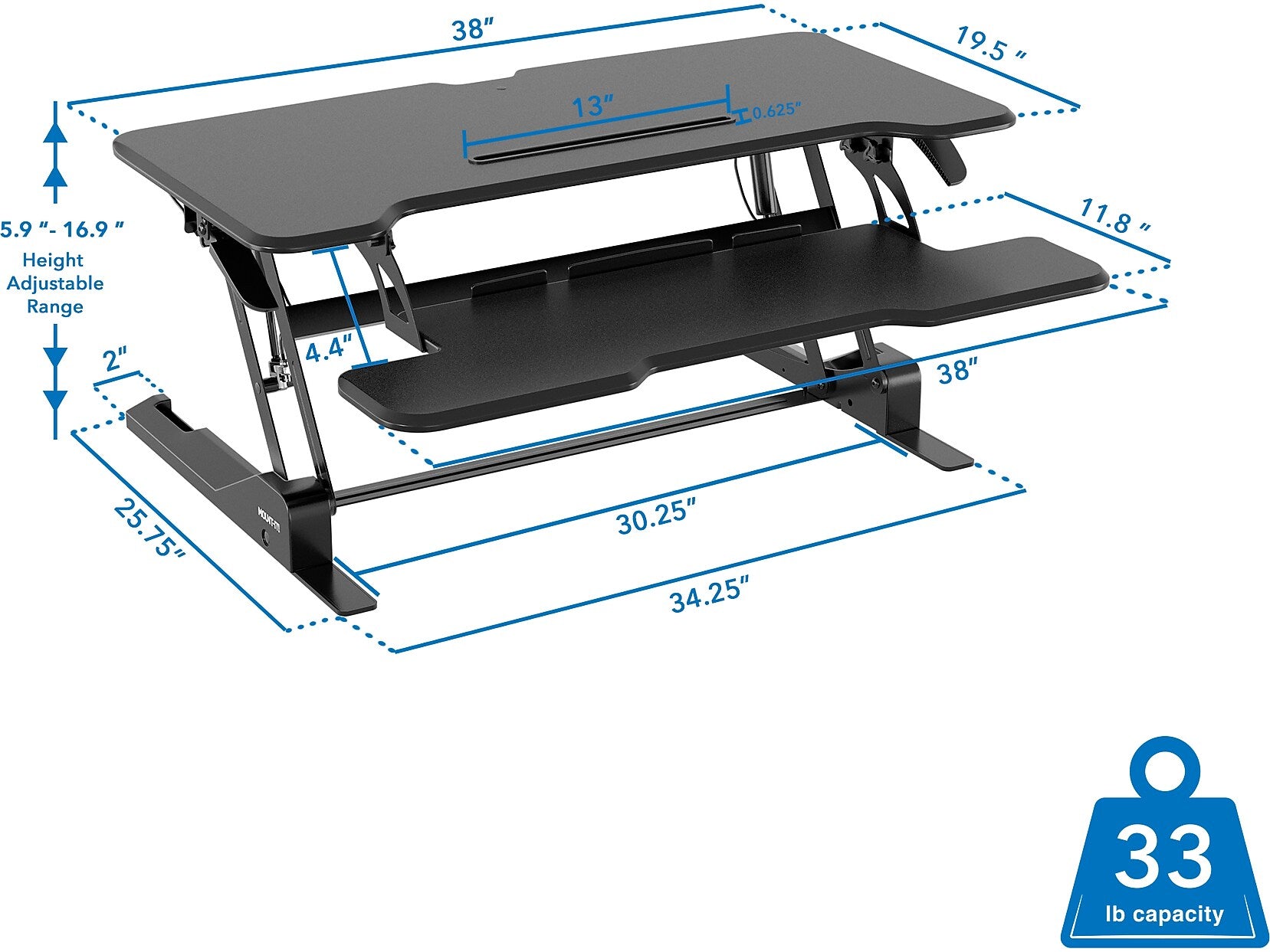 Mount-It! 38"W Manual Rectangular Adjustable Standing Desk Converter, Black (MI-15009)
