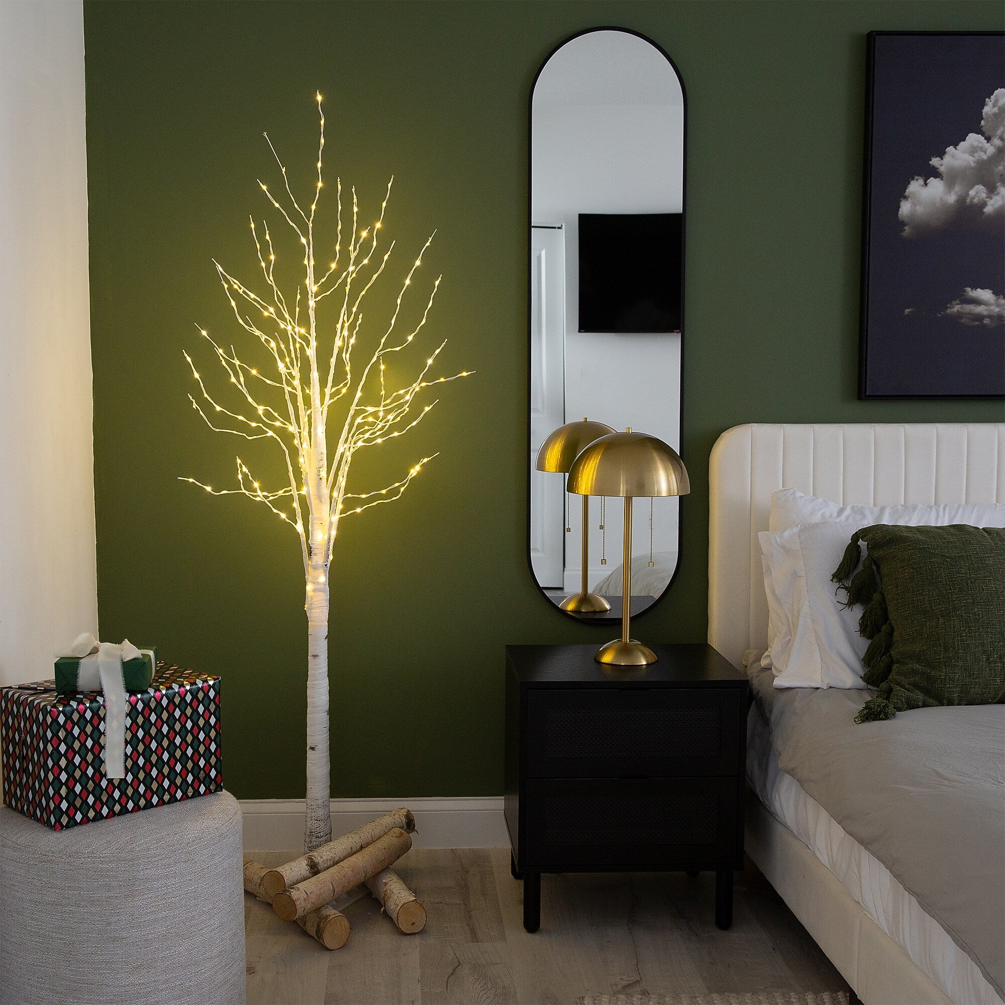 Nearly Natural 6-ft Pre-Lit Artificial White Birch Tree with 300 Warm White LED Lights (T4910)