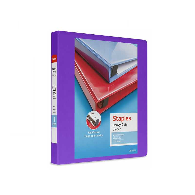 Staples Heavy Duty 1" 3-Ring View Binder, D-Ring, Purple (ST56307-CC)