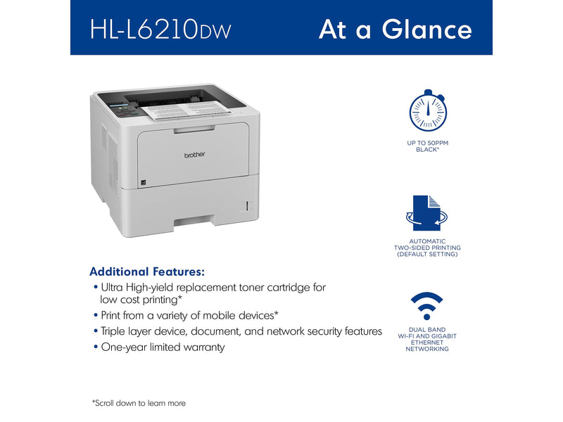 Brother HL‐L6210DW Business Monochrome Laser Printer, Large Paper Capacity, Wireless Networking