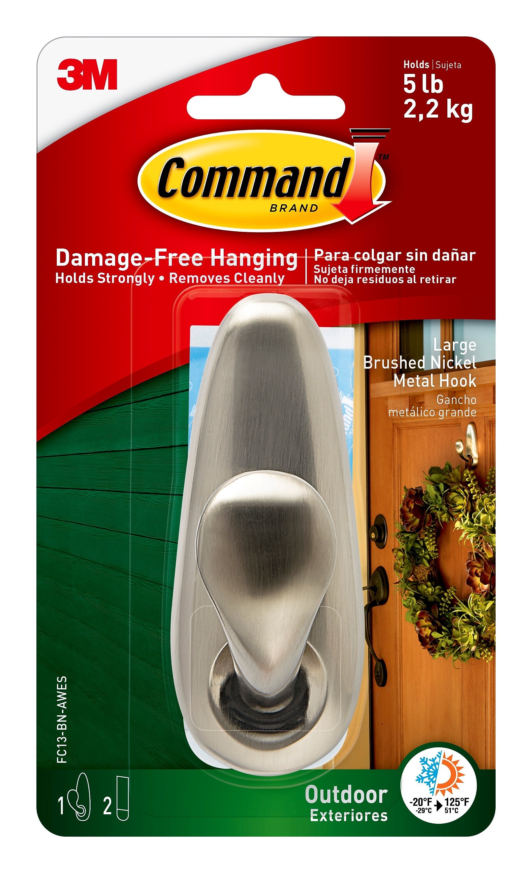 Command  Large Metal Hook, 5 lb., Brushed Nickel (FC13-BN-AWES)
