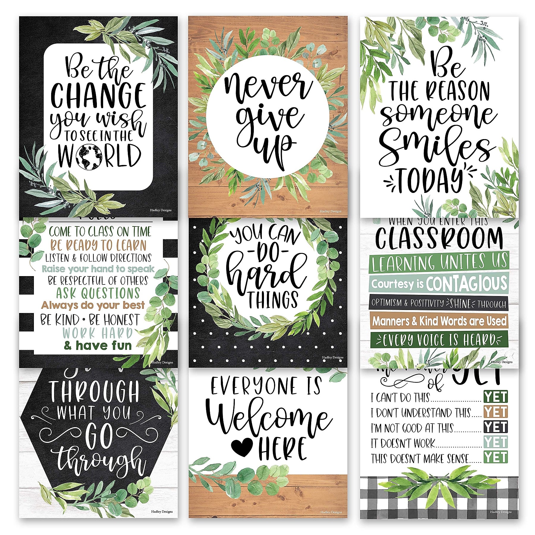 Hadley Designs 14" x 11" Boho Farmhouse Growth Mindset Classroom Decor Posters, 9/Set (HDDX004A2EQMD)