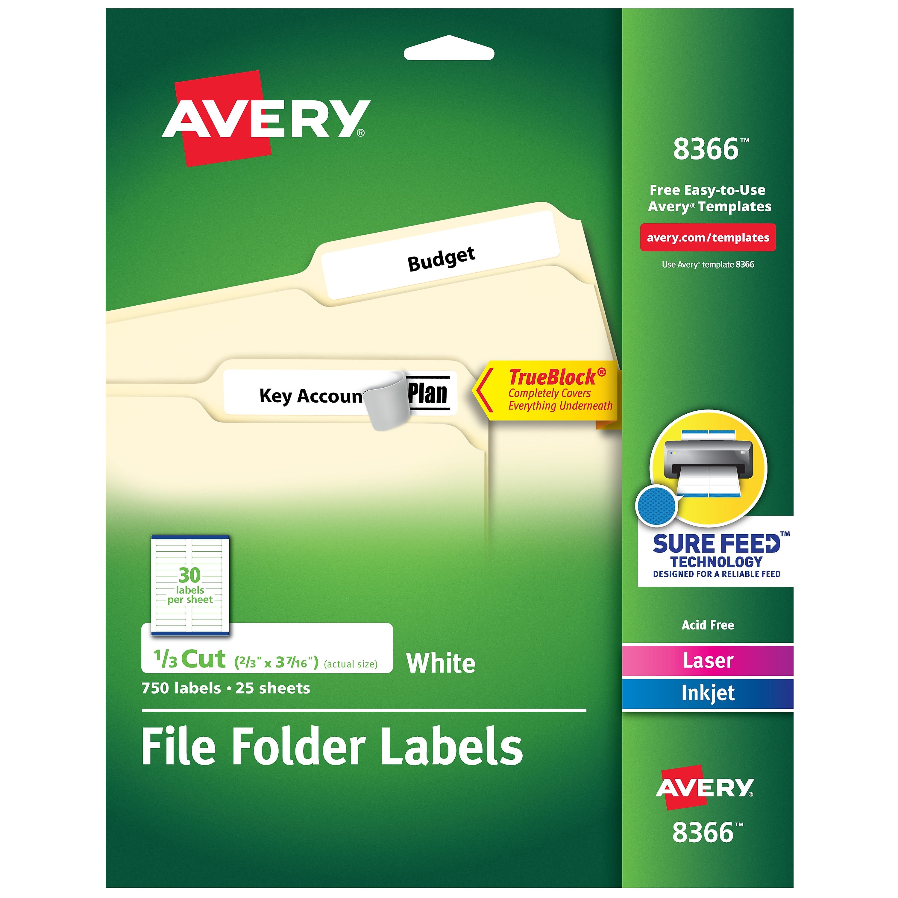 Avery TrueBlock Laser/Inkjet File Folder Labels, 2/3" x 3-7/16", White, 750 Labels/Pack (8366)