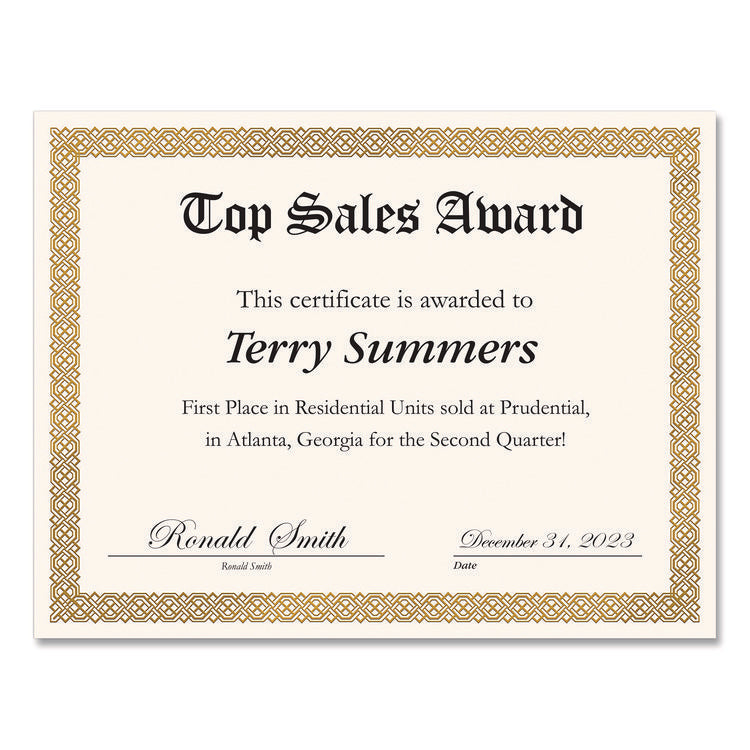 Foil Border Certificates, 8.5 X 11, Ivory/gold With Gold Braided Border, 15/pack