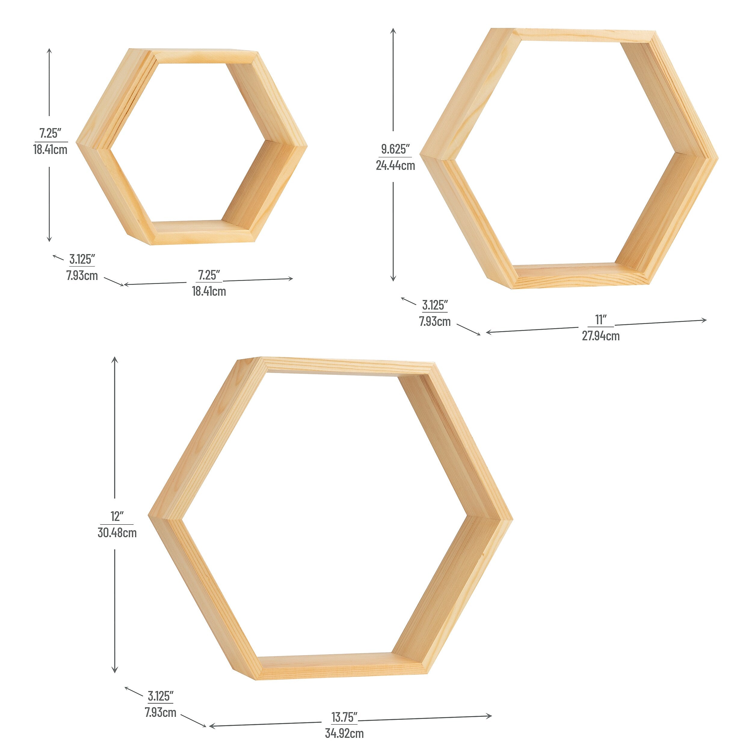 Mind Reader 3-Shelf Mouted Honeycomb Hexagon Floating Shelves, 12" x 3.13" x 13.75" (WWALL3PC-BRN)
