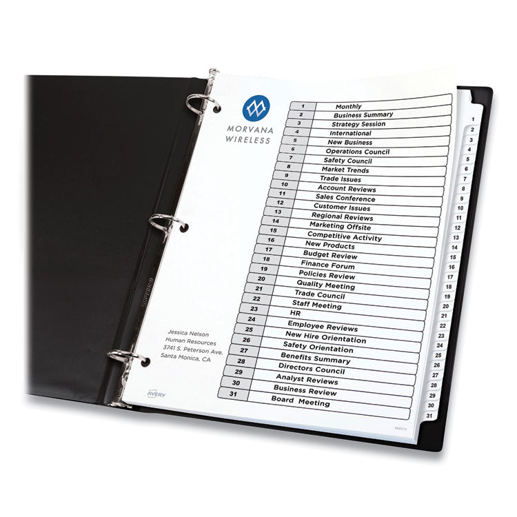 Customizable Table of Contents Ready Index Black and White Dividers, 31-Tab, 1 to 31, 11 x 8.5, White, 6 Sets