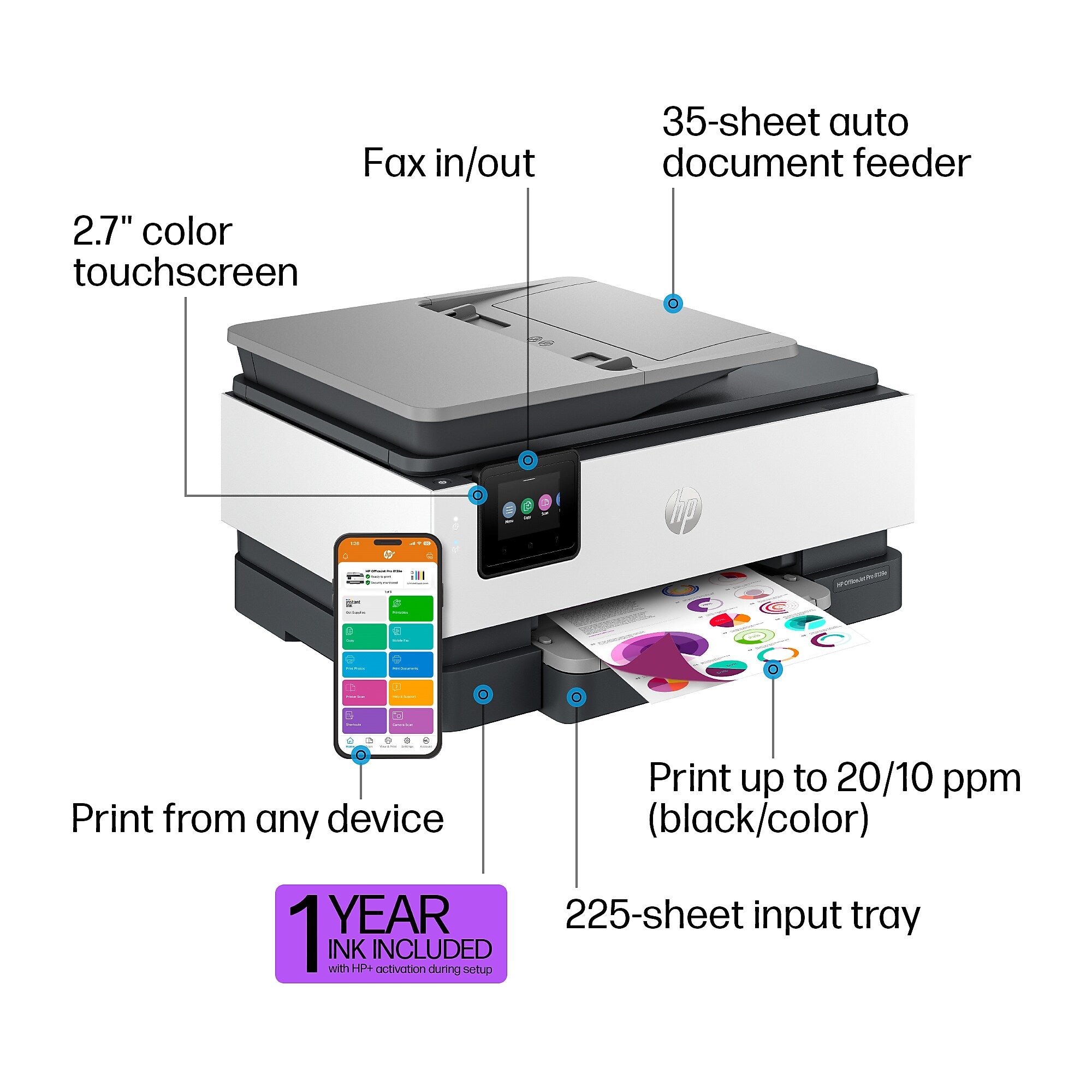 HP OfficeJet Pro 8139e Wireless Color Inkjet Printer, All-In-One, Print, Scan, Copy, Fax (40Q51A#B1H)