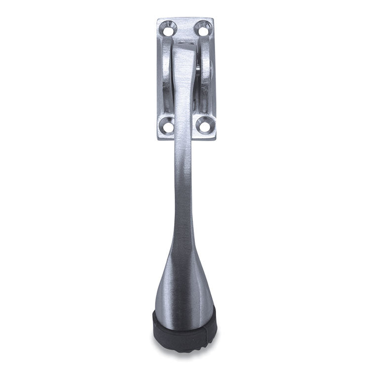 Hinged Kick-Down Door Stop With Rectangular Four-Point Mounting Plate, 0.75" Wide Door Mount, 4.25 Long Stopper, Satin Chrome