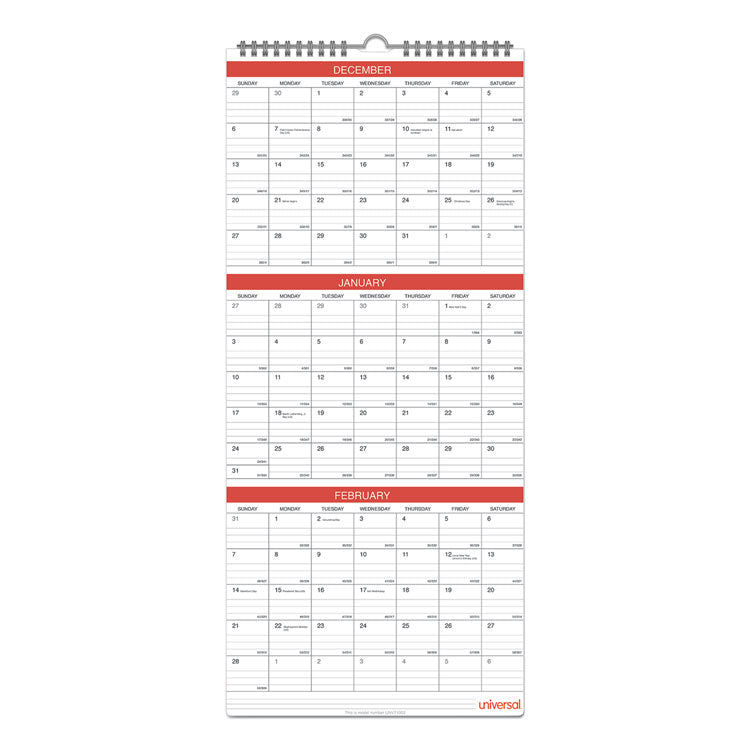 Three-Month Wall Calendar, 12 x 27, White/Red Sheets, 14-Month: Dec 2025 to Jan 2027