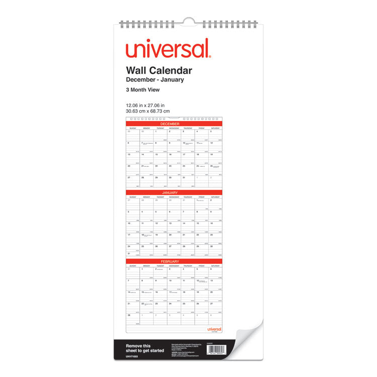 Three-Month Wall Calendar, 12 x 27, White/Red Sheets, 14-Month: Dec 2025 to Jan 2027
