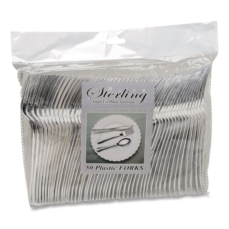 Sterling Heavyweight Plastic Cutlery, Fork, Silver, 50/Pack