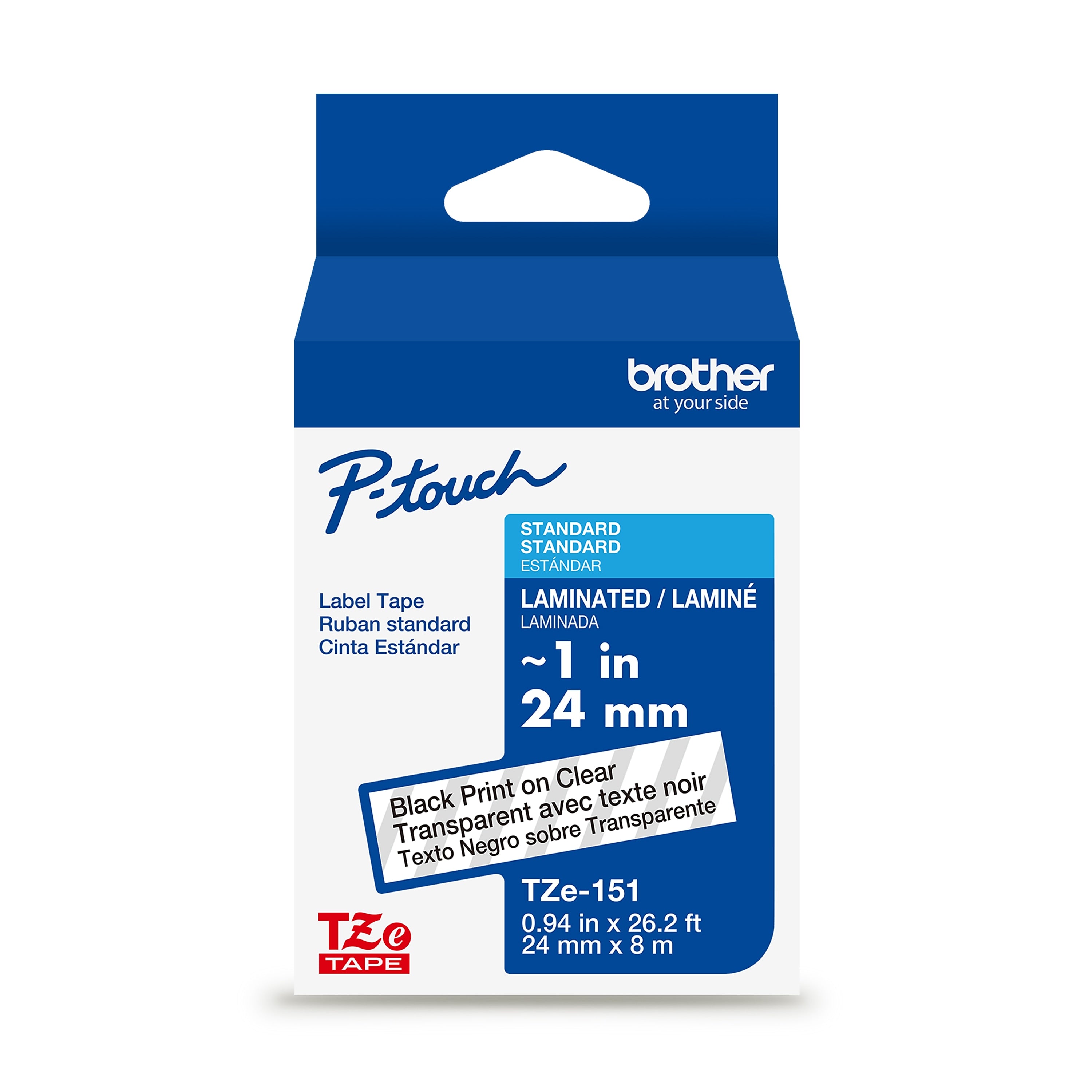 Brother P-touch Laminated Label Tape, ~1" x 26.2', Black on Clear (TZe151)