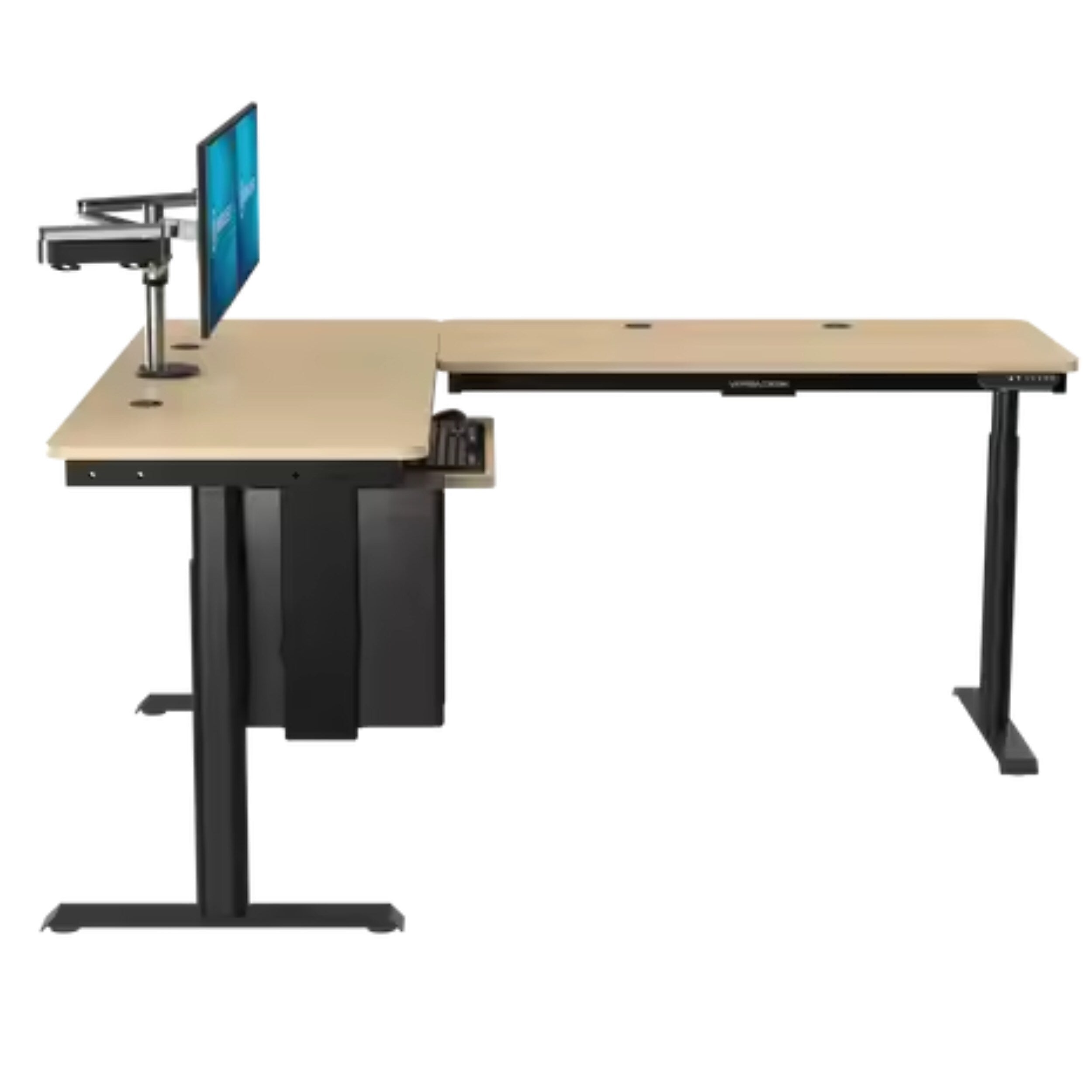 VersaDesk PowerLift 72"W Electric L-Shaped Adjustable Standing Desk, Maple/Black (PLLSD7272-BM-APP )