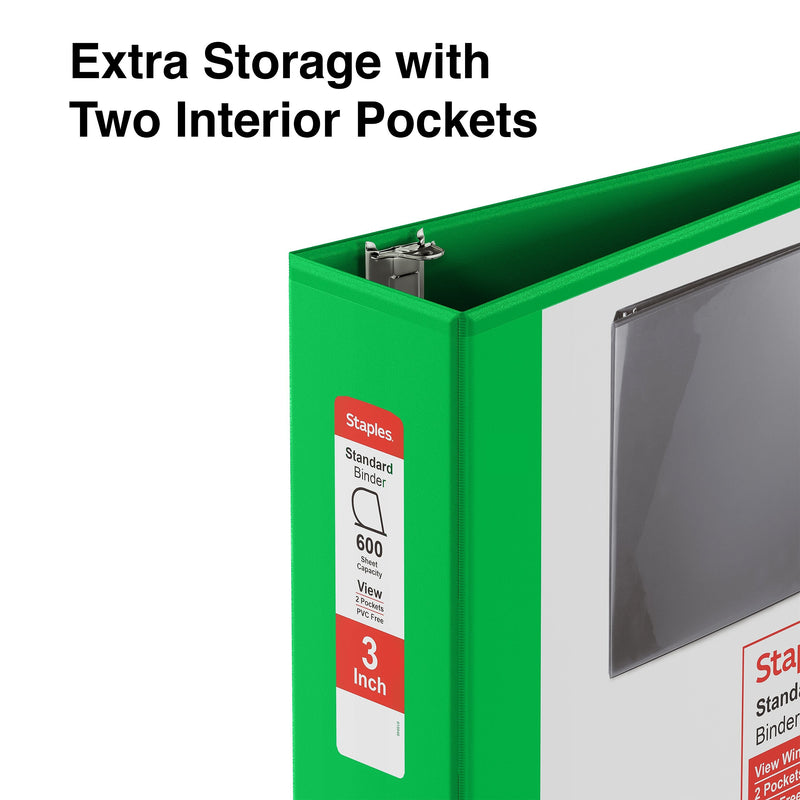 Staples 3" 3-Ring View Binder, D-Ring, Green (55428/26354)