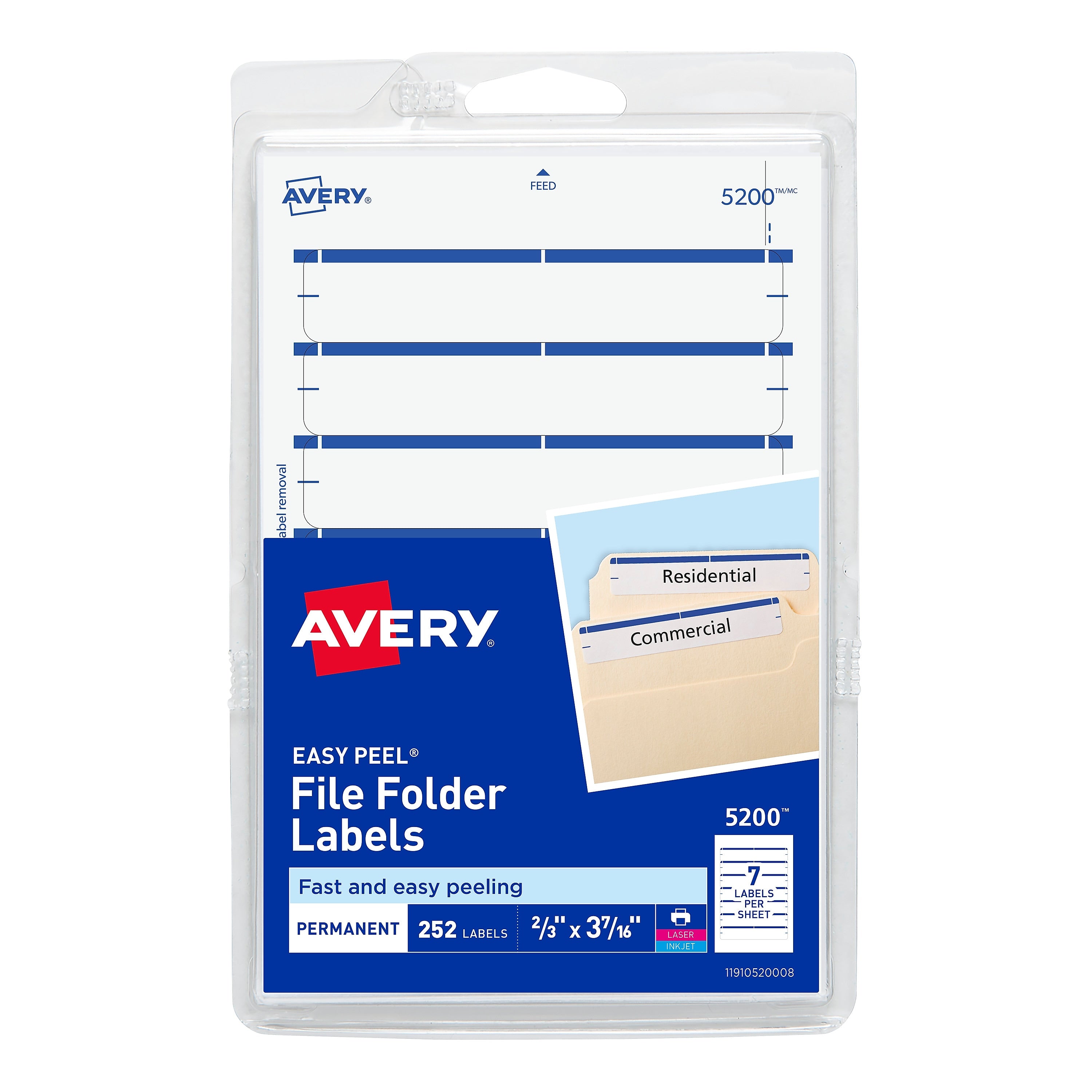 Avery Easy Peel Laser/Inkjet File Folder Labels, 2/3" x 3-7/16", White/Blue, 252 Labels/Pack (5200)