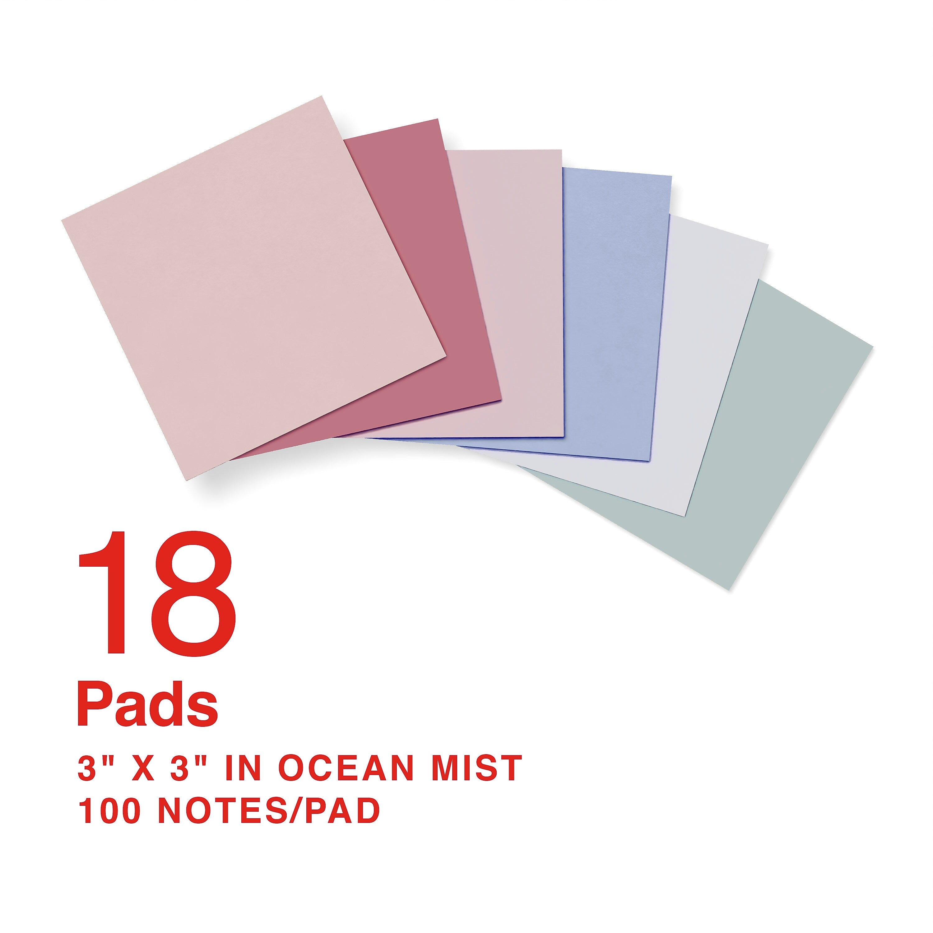 Staples Pop-up Sticky Notes, 3" x 3", Ocean Mist Collection, 100 Sheets/Pad, 18 Pads/Pack (ST62873)