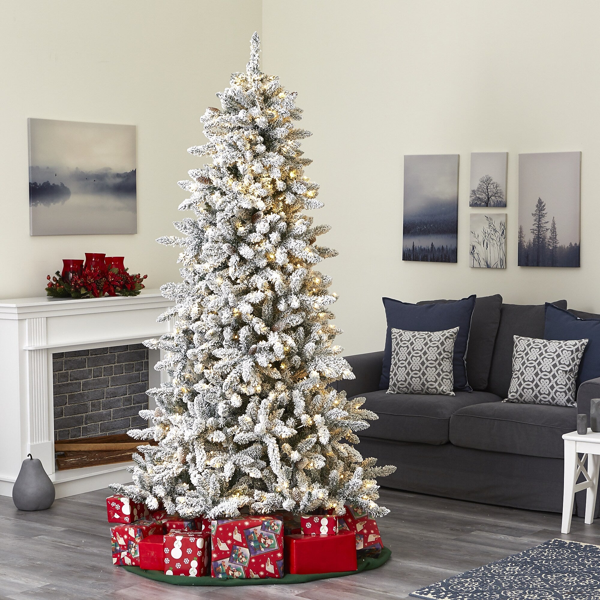 Nearly Natural 7.5-ft Flocked Livingston Fir Artificial Christmas Tree with Pine Cones and 500 Clear Warm LED Lights (T1613)