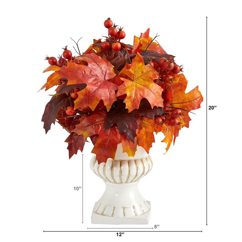 Nearly Natural 20" Autumn Maple Leaf and Berries Artificial Plant in White Urn (P1543)