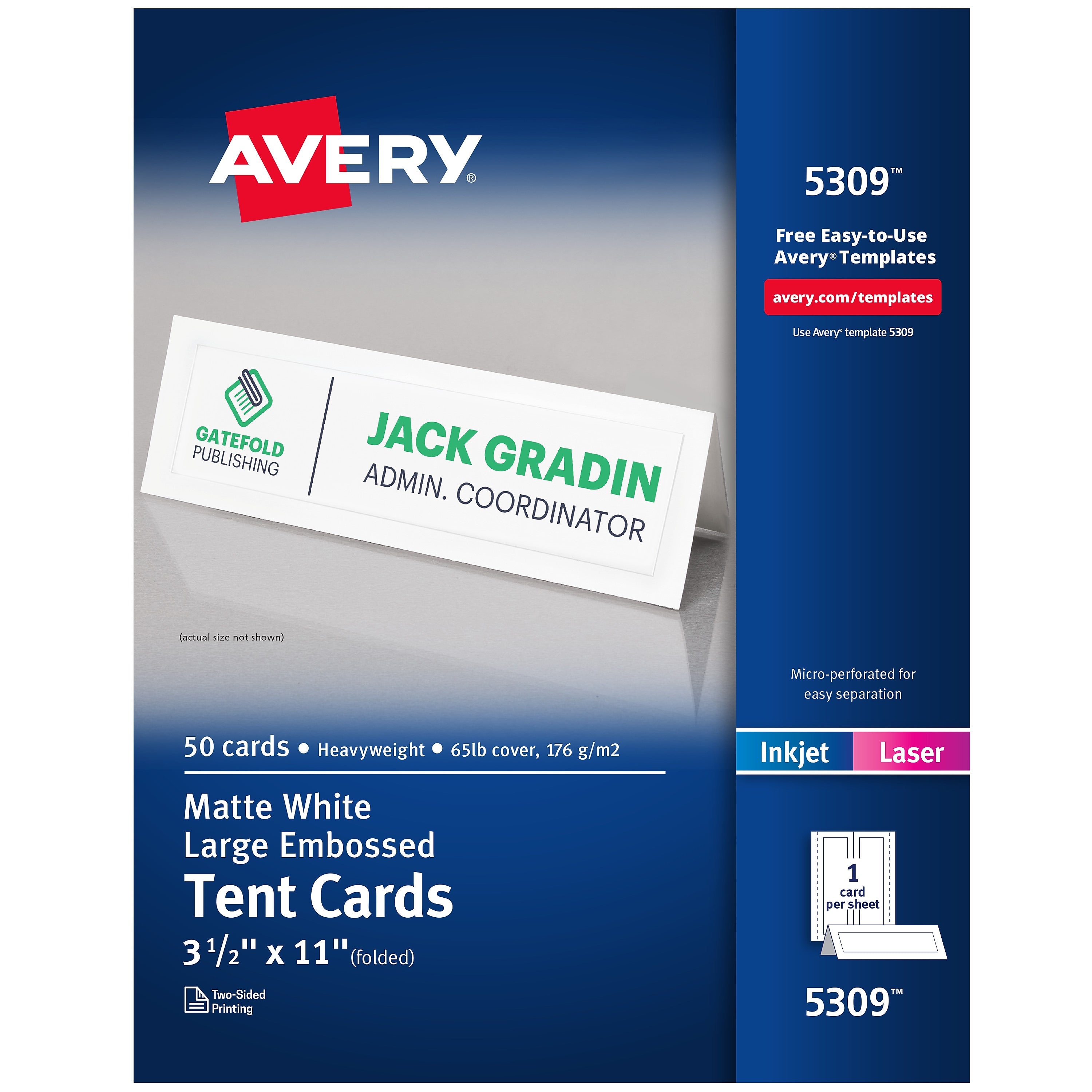 Avery 3.5" x 11" Laser & Inkjet Embossed Tent Cards, 50/Box (05309)