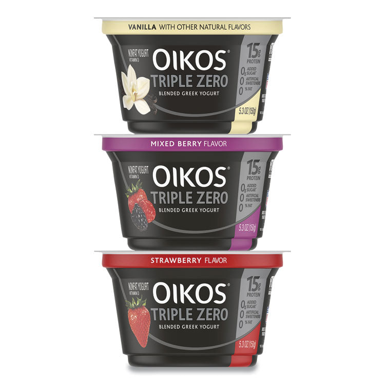 Triple Zero Blended Greek Nonfat Yogurt, 5.3 oz, Strawberry/Mixed Berry/Vanilla, 18/Carton