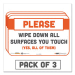Besafe Messaging Repositionable Wall/door Signs, 9 X 6, Please Wipe Down All Surfaces You Touch, White, 3/pack