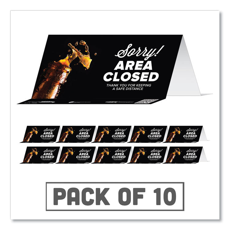 Besafe Messaging Table Top Tent Card, 8 X 3.87, Sorry! Area Closed Thank You For Keeping A Safe Distance, Black, 10/pack