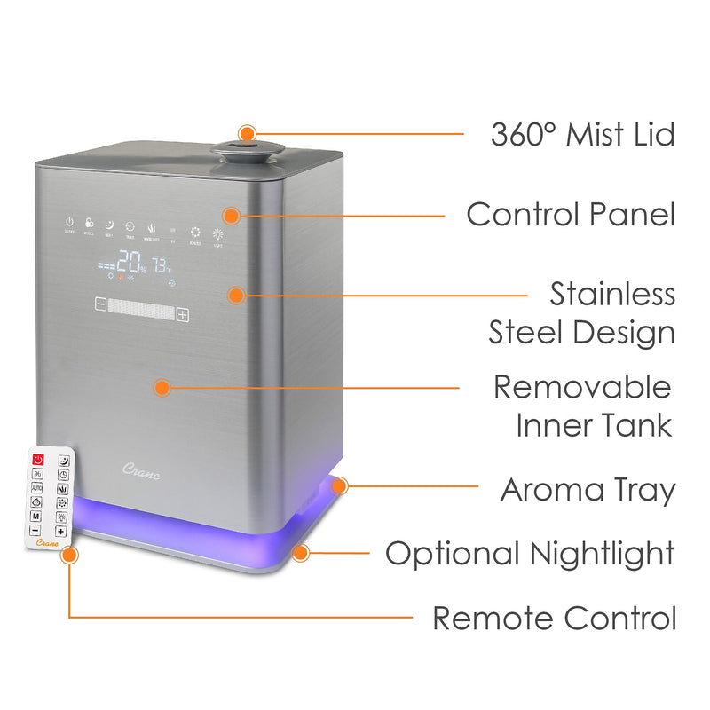 Crane Ultrasonic Cool & Warm Mist Console Humidifier, 1.3-Gallon, For Rooms 500 sq. ft., Metallic (EE-6913)