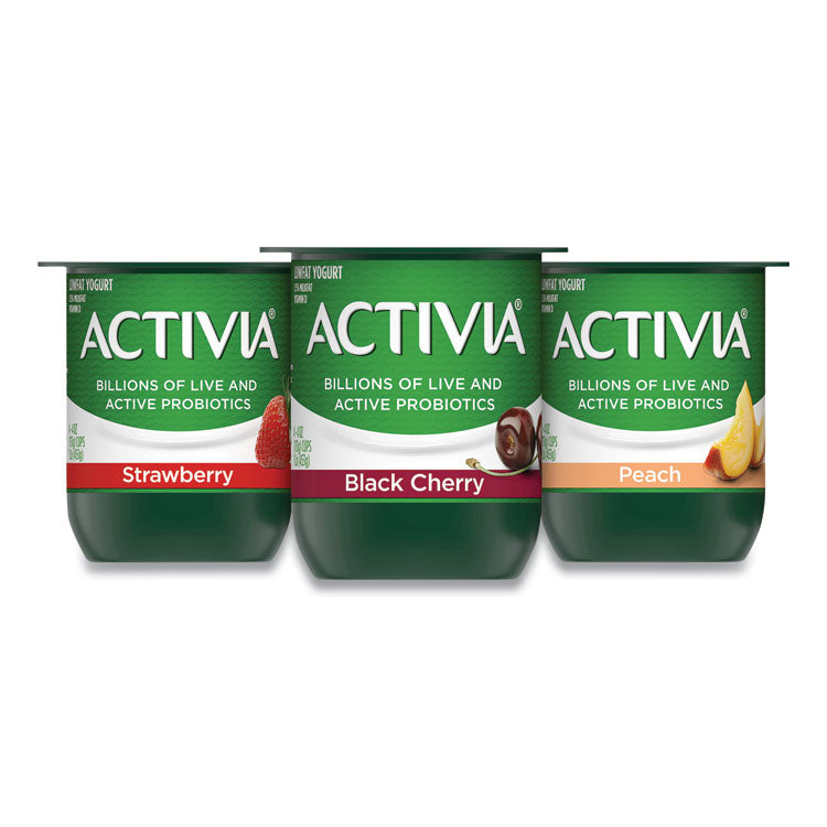 Probiotic Lowfat Yogurt, 4 oz Cups, Black Cherry/Peach/Strawberry, 24/Pack