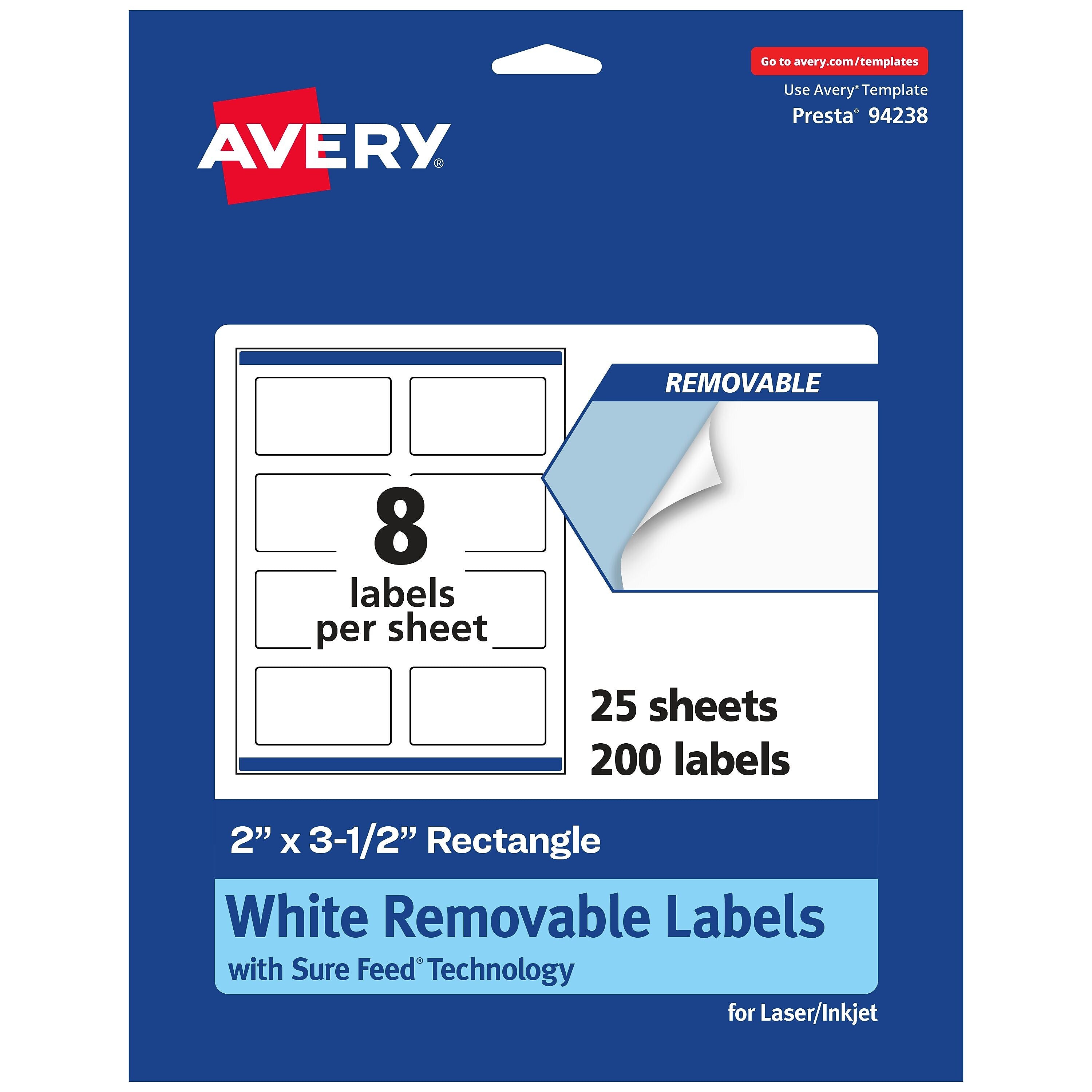 Avery Laser/Inkjet Rectangle Removable Labels, 2" x 3.5", White, 200 Labels/Pack (94238)