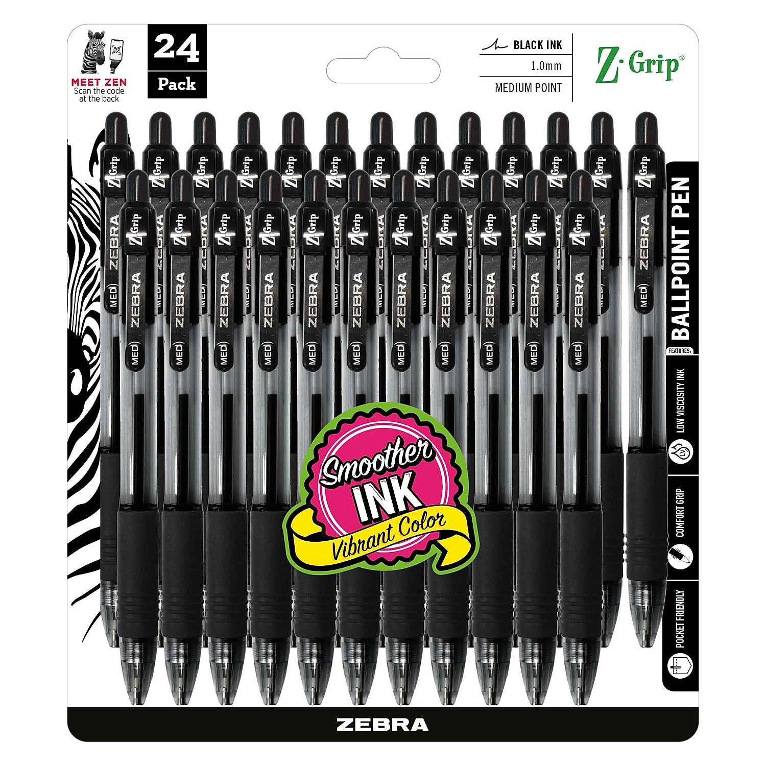 Zebra Z-Grip Retractable Ballpoint Pens, Medium Point, 1.0mm, Black Ink, 24/Pack (12221)