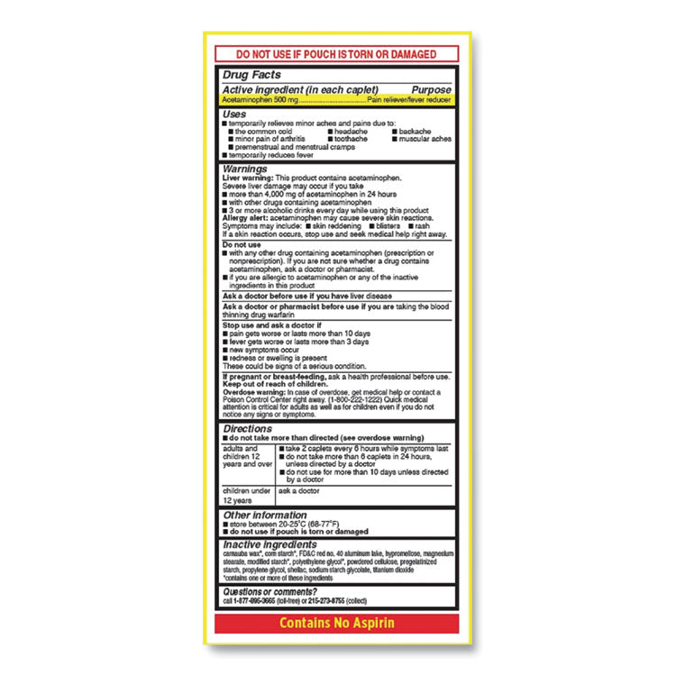Acetaminophen, 500mg, Extra Strength Caplets, Refill, 2 /Packet, 30 Packets/Box
