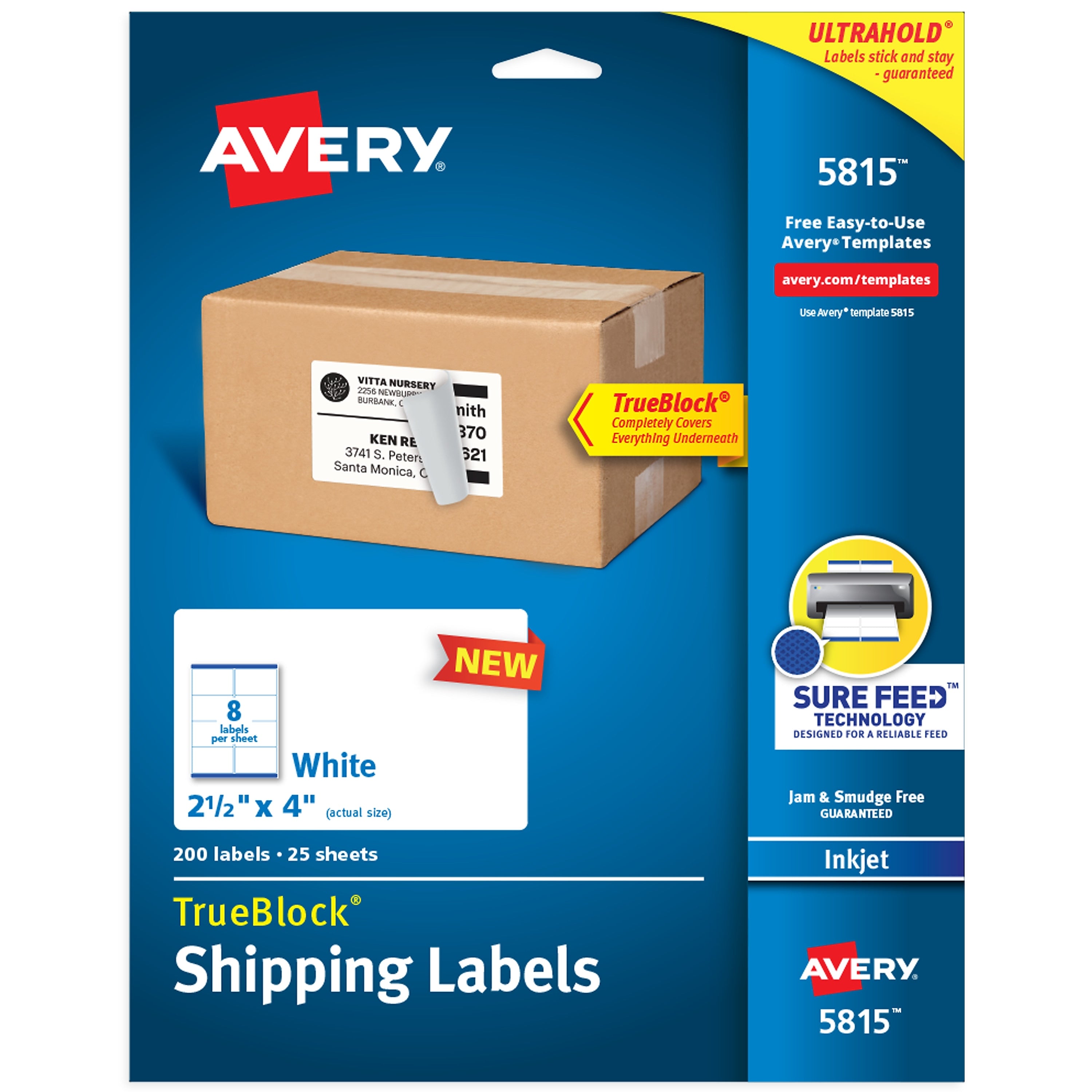Avery TrueBlock Inkjet Shipping Labels, 2-1/2" x 4", White, 200 Labels/Pack (5815)