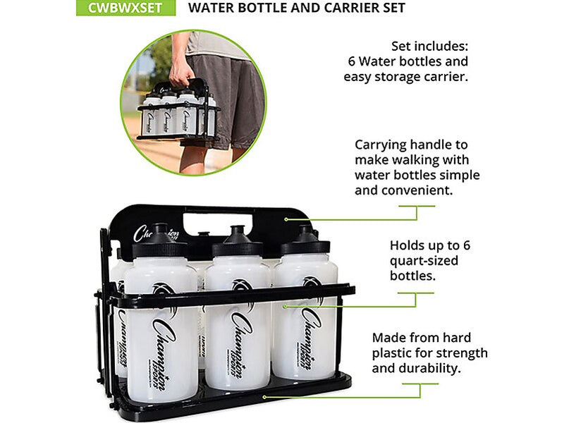 Champion Sports Plastic Water Bottle, 32 oz., Clear/Black, 6/Pack (CWBWXSET)