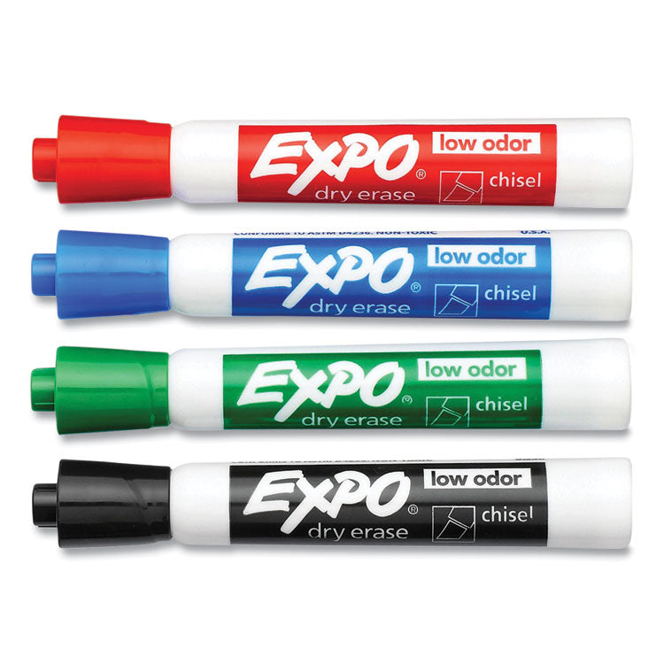 LOW-ODOR DRY-ERASE MARKER, PEGGABLE CARD, BROAD CHISEL TIP, ASSORTED COLORS, 4/PACK