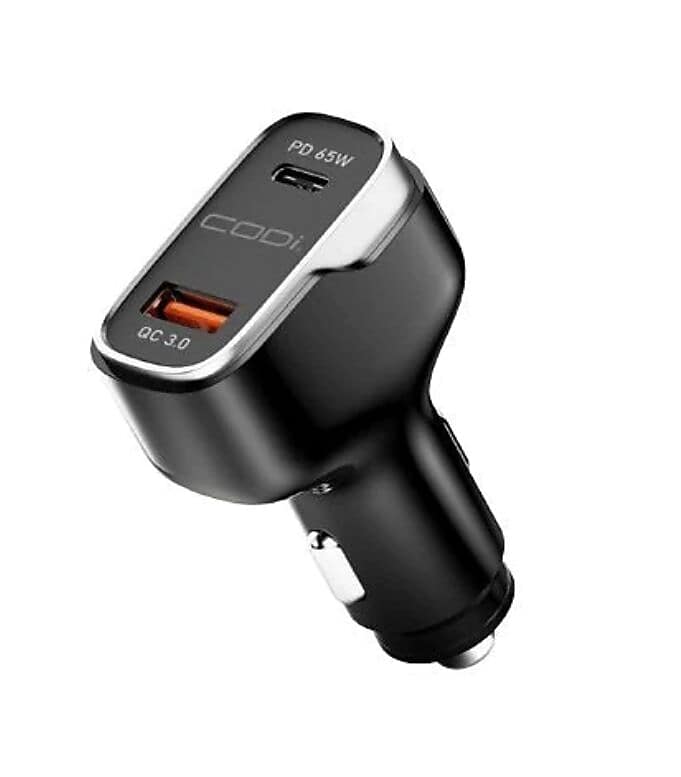 CODi 65W Dual Port Car Charger, USB-A & USB-C Outputs, Black (A01111)