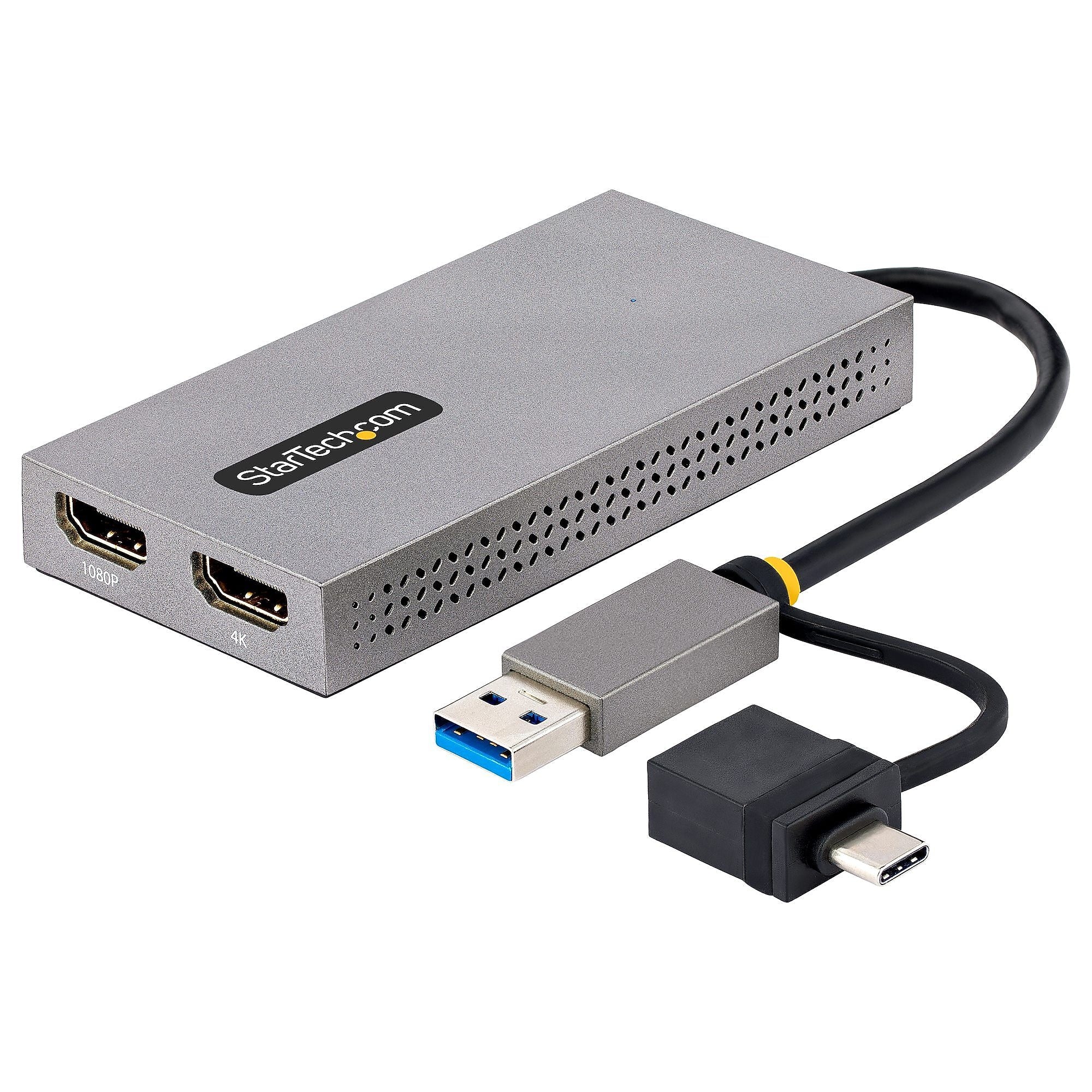 StarTech.com USB-C/USB-A to Dual HDMI Video Adapter, Male to Female, Attached 4in Cable, 4K 30Hz/1080p (107B-USB-HDMI)