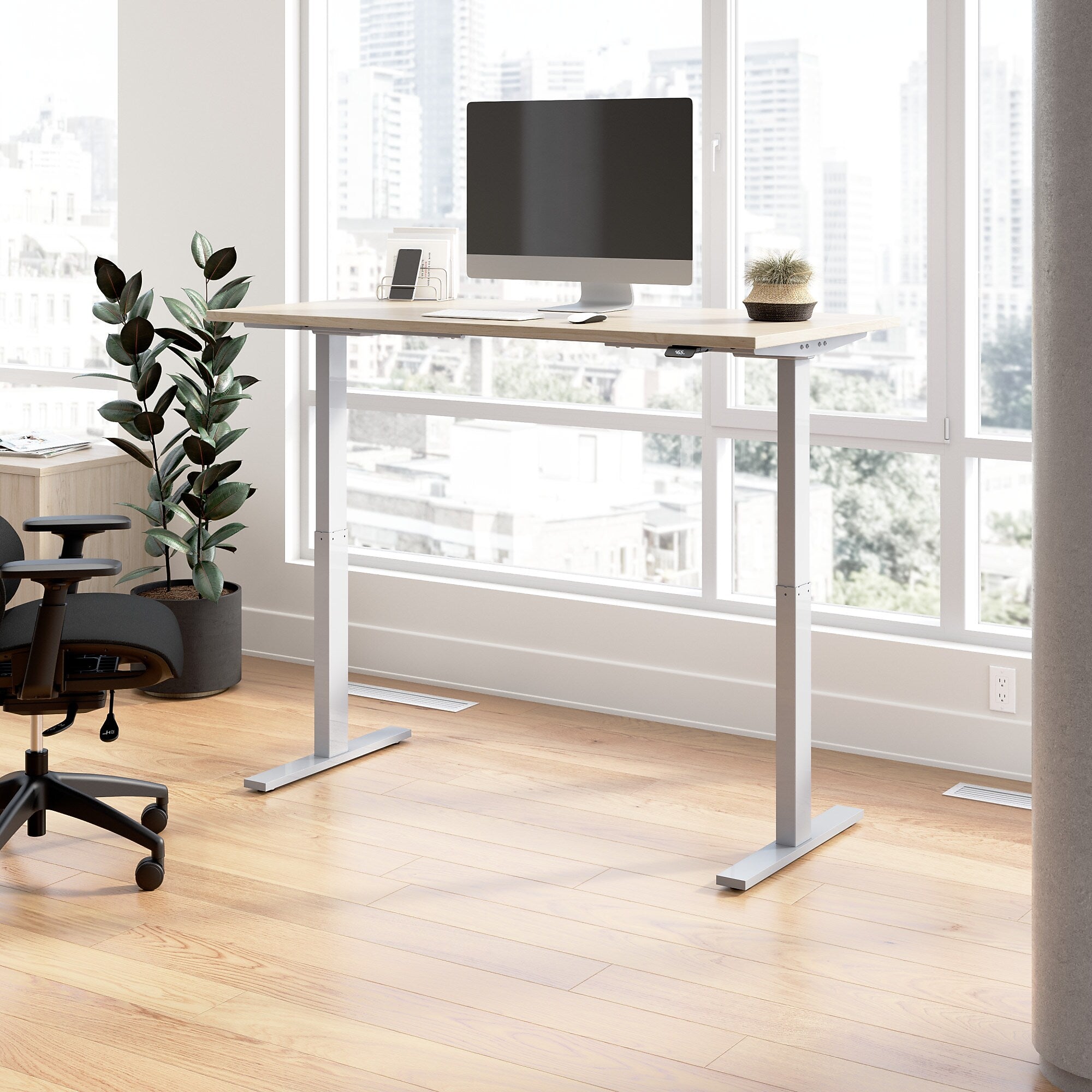 Bush Business Furniture Move 60 Series 60"W Electric Adjustable Standing Desk, Natural Elm/Cool Gray Metallic (M6S6030NESK)