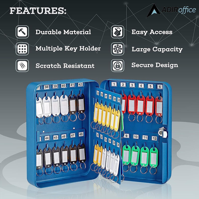 AdirOffice 48-Key Cabinet with Key Lock and Key Tags, Blue (681-48-BLU-PKG)
