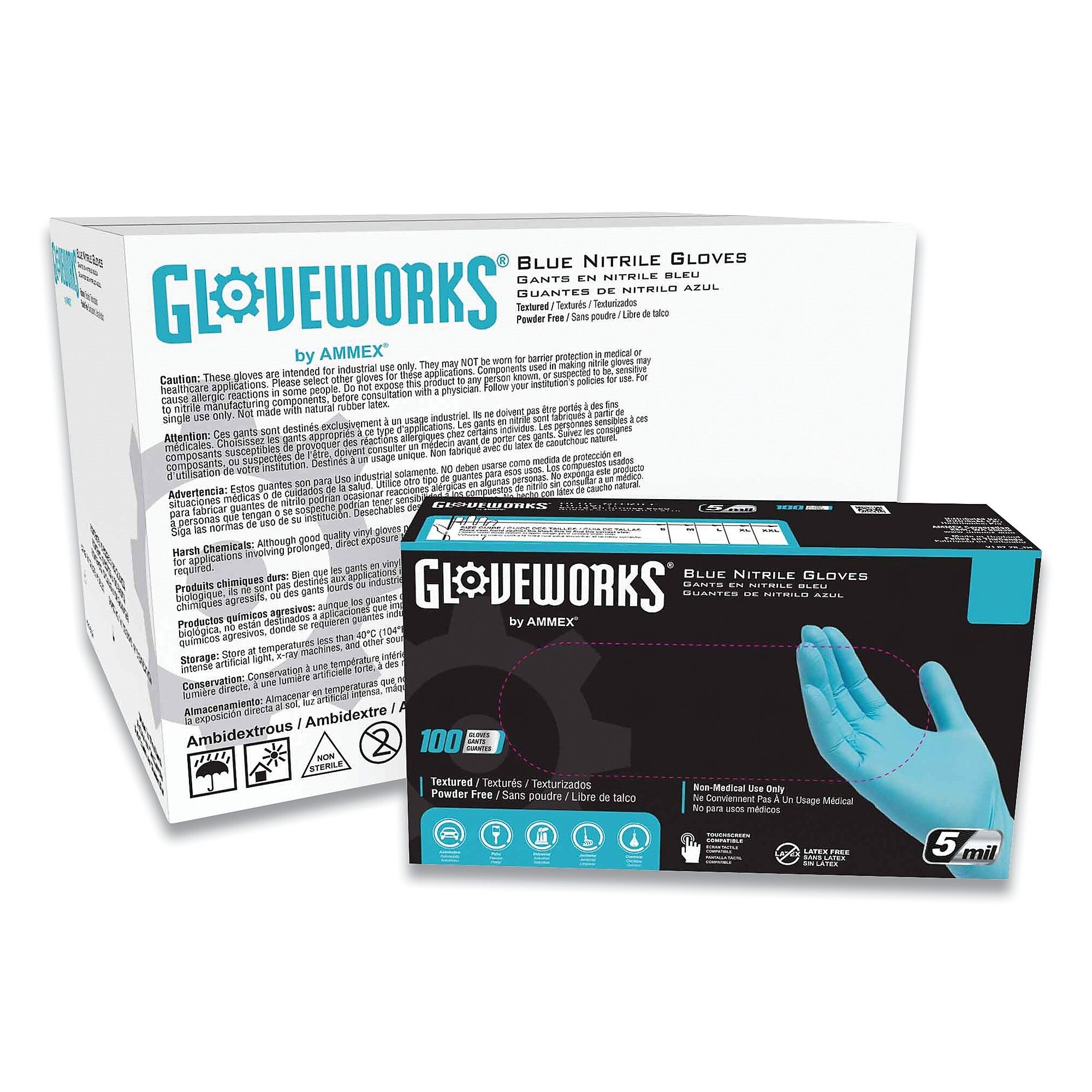 GloveWorks by AMMEX Industrial Nitrile Gloves, Powder-Free, 5 mil, Blue, Large, 100 Gloves/Box, 10 Boxes/Carton