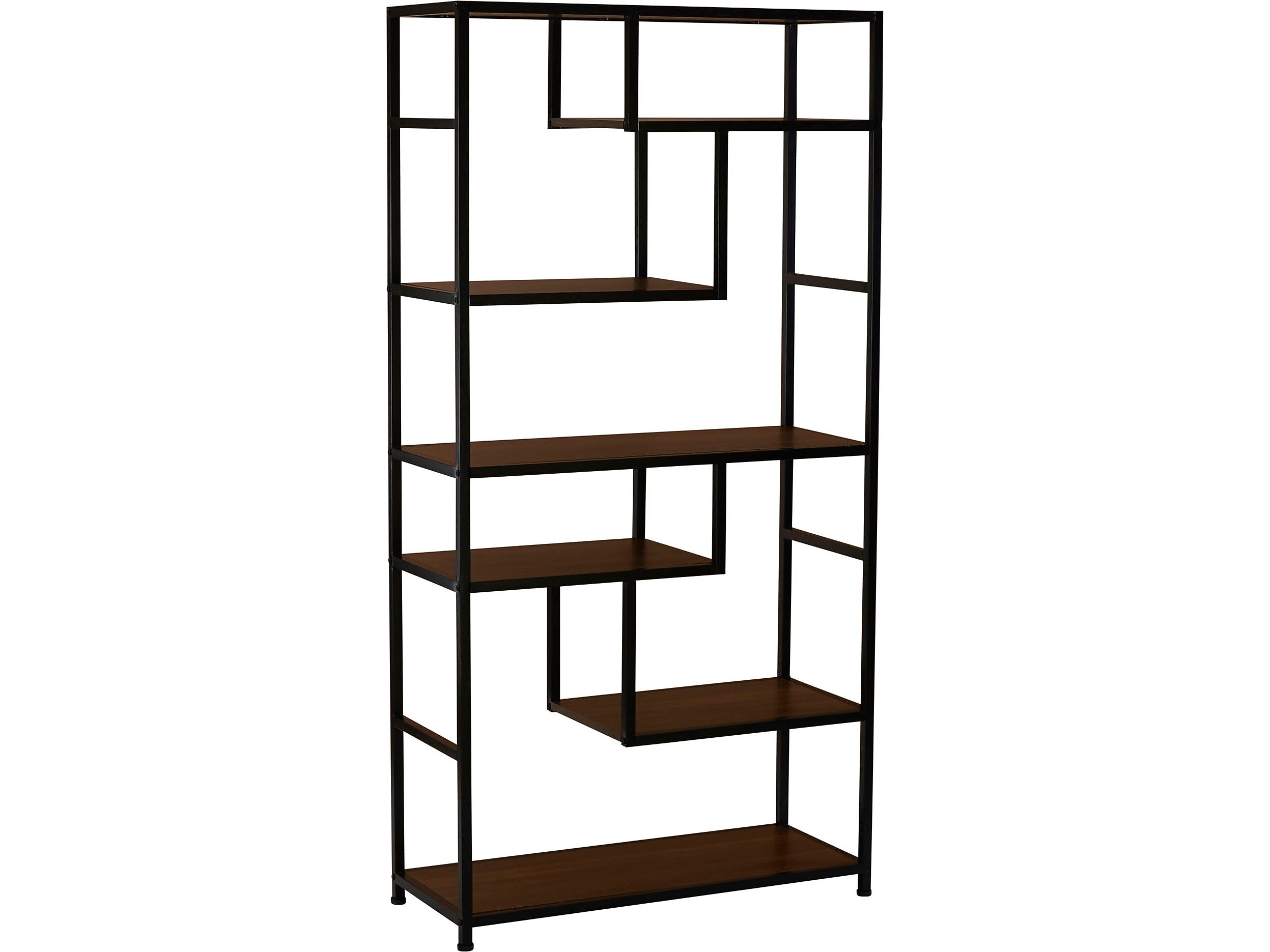 Household Essentials Jamestown 65" 6-Shelf Bookcase, Dark Brown Walnut/Black Laminate/Steel (8140-1)