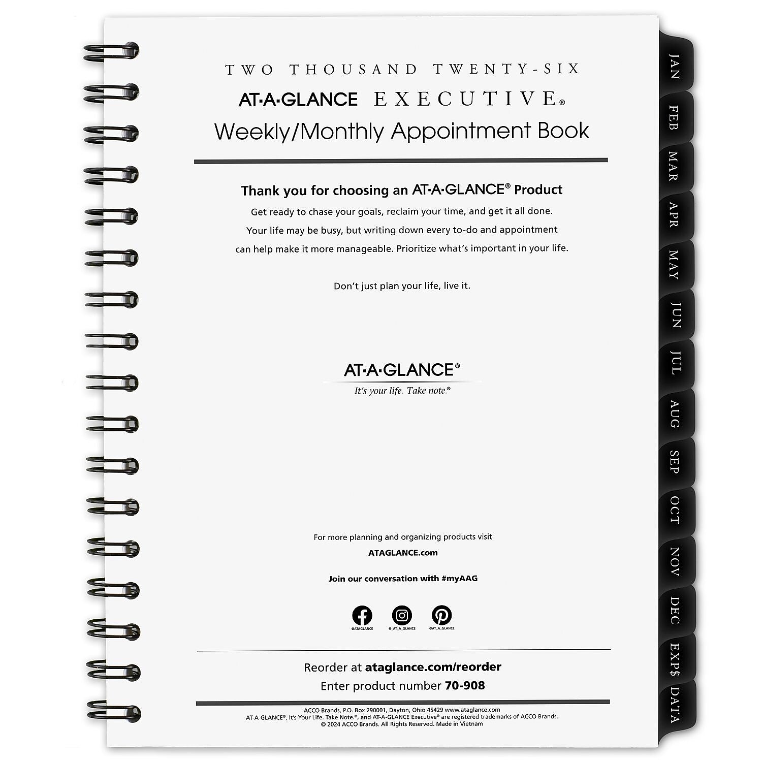 2026 AT-A-GLANCE Executive 8.75" x 6.5" Weekly & Monthly Appointment Book Refill, White/Black (70-908-10-26)