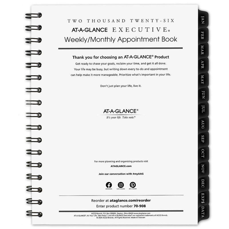 2026 AT-A-GLANCE Executive 8.75" x 6.5" Weekly & Monthly Appointment Book Refill, White/Black (70-908-10-26)